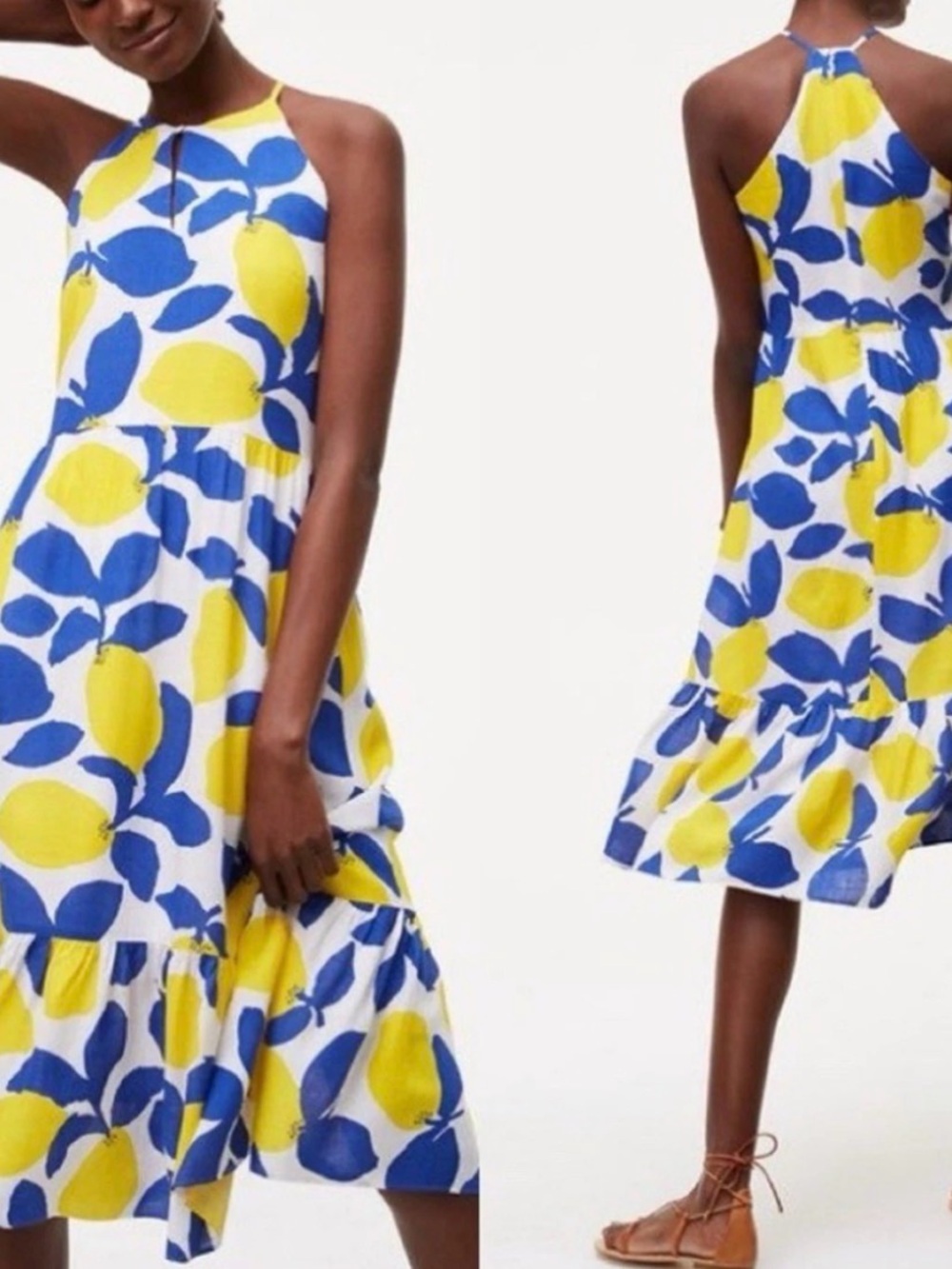 LOFT Yellow & Blue Lemon-Print Sleeveless Midi Dress Size 8 - Picture 11 of 11